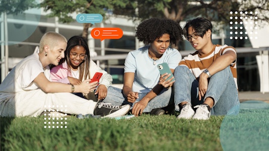 Four students looking at their cell phones with chat bubbles.