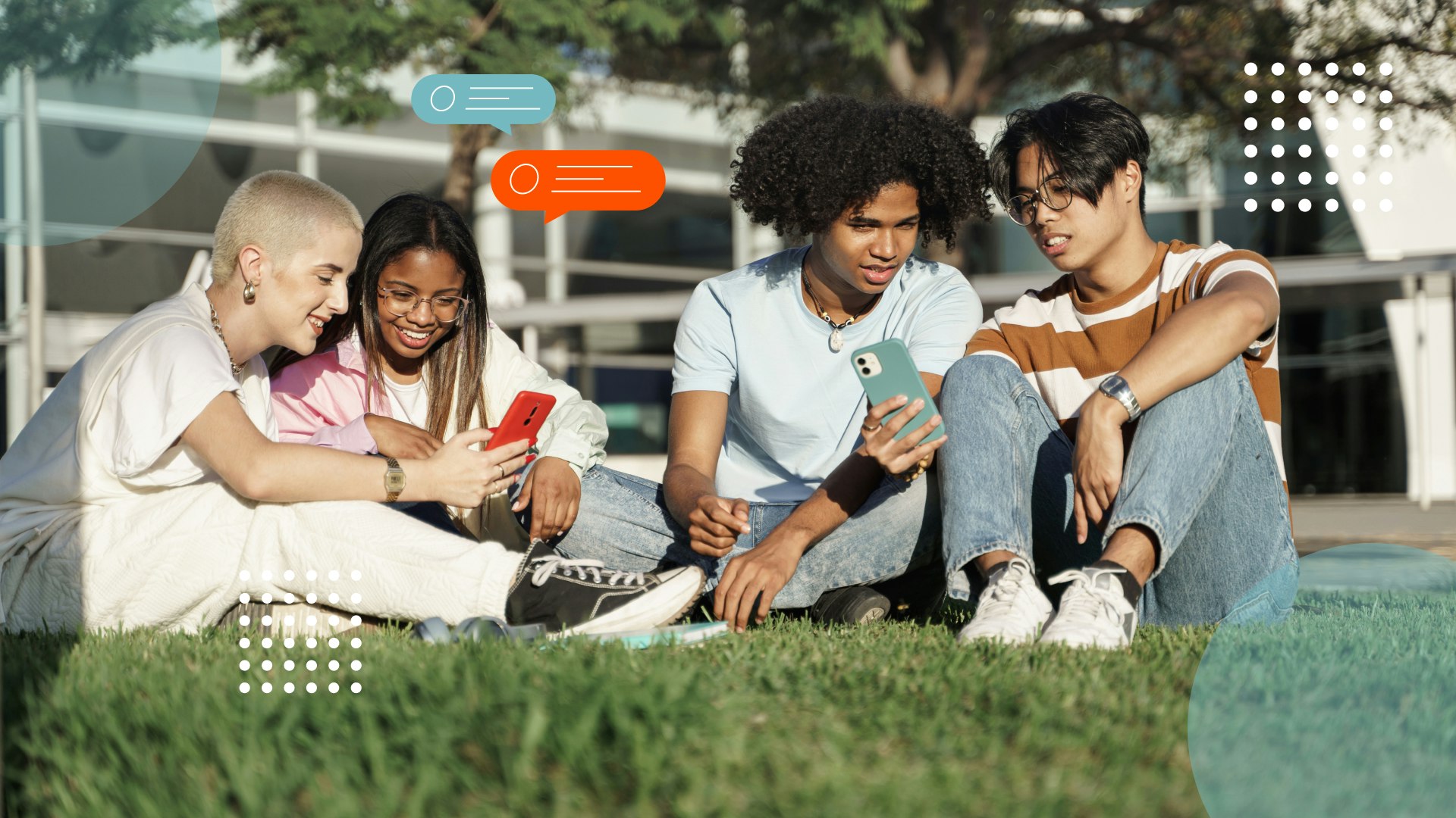 Four students looking at their cell phones with chat bubbles. 
