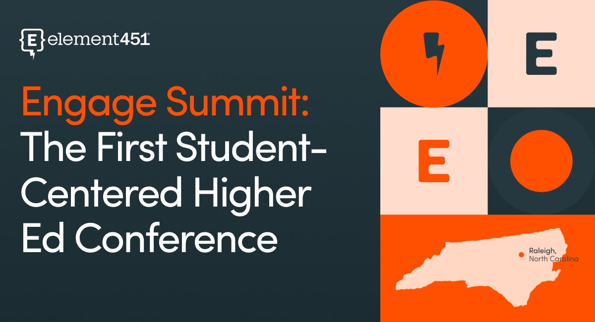 Graphic showing Raleigh, NC and different shapes holding the letter E. The text "Engage Summit: The First Student-Centered Higher Ed Conference"