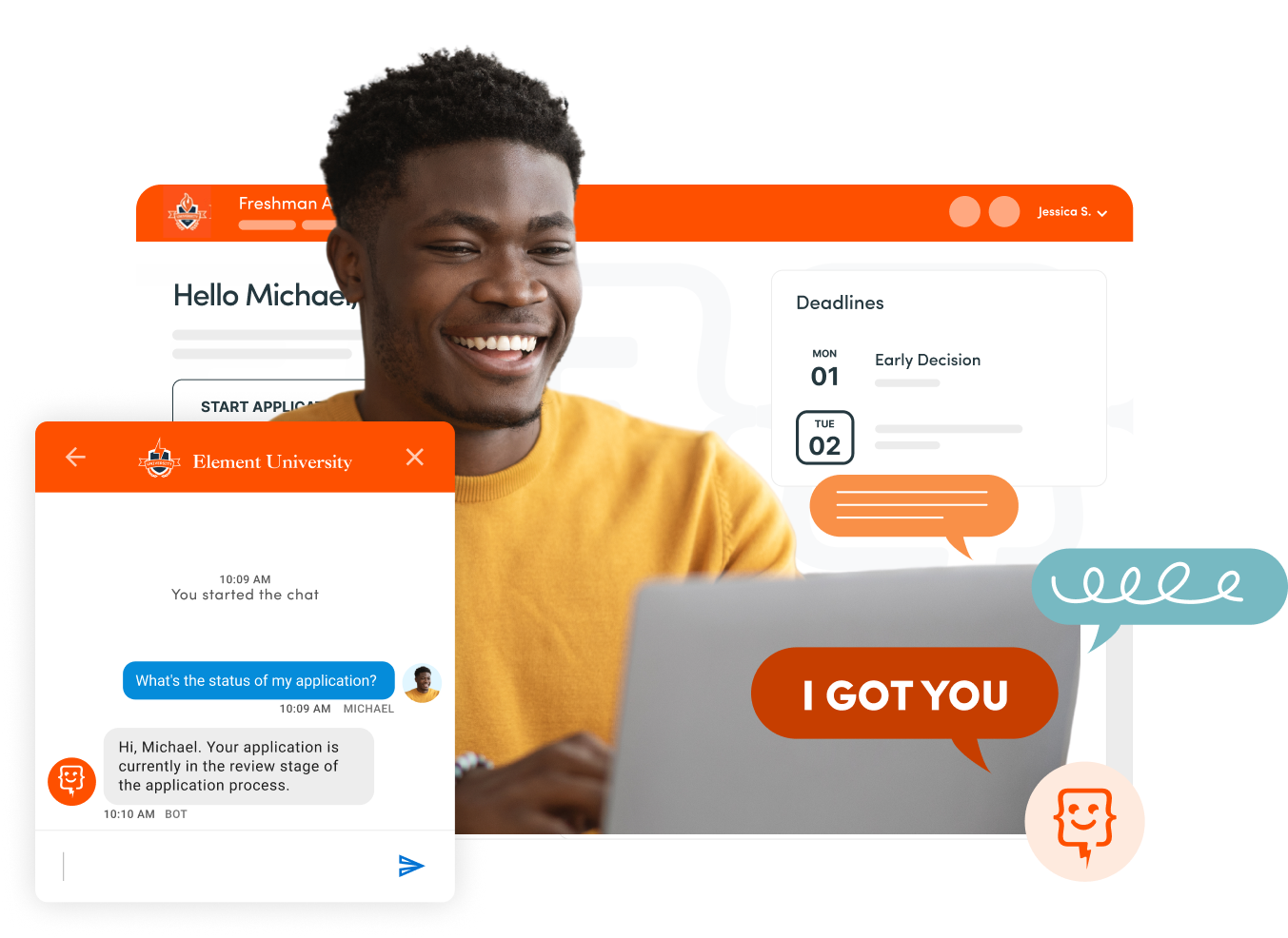 Goodbye Later Hello Now Start Here Header Male student on computer with boltbot and element451