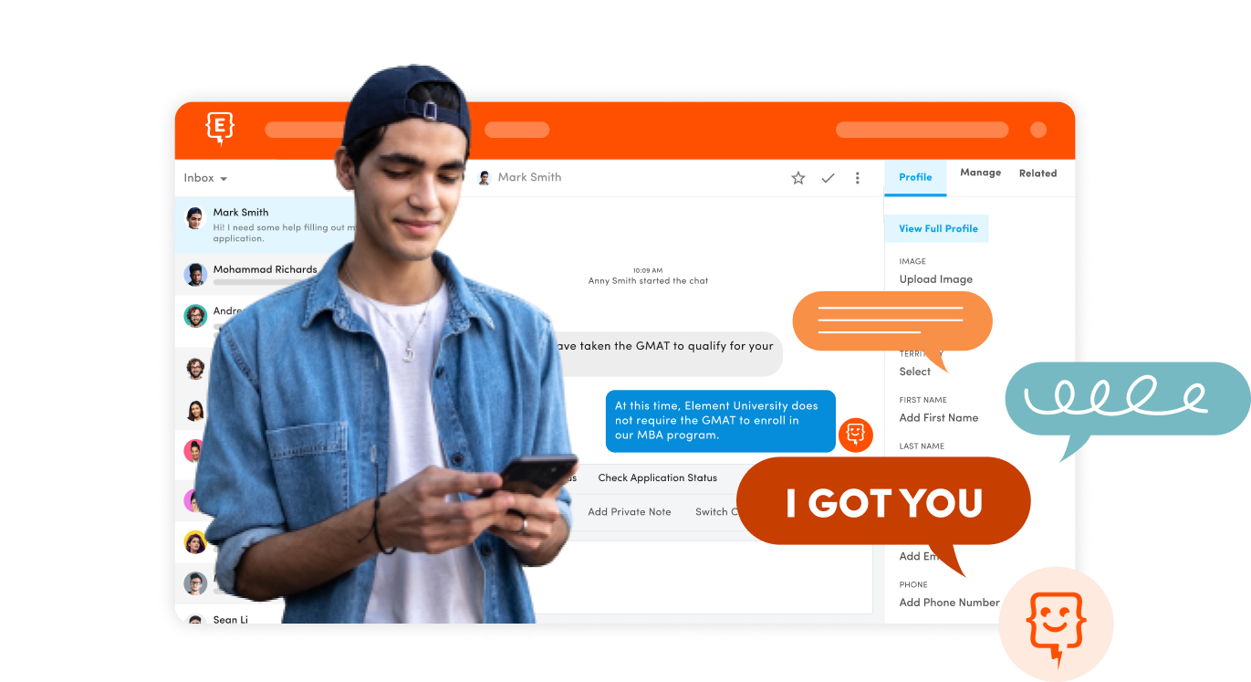 Anticipate Needs Start Here Page Male student with phone and Element451 conversations module and BoltBot