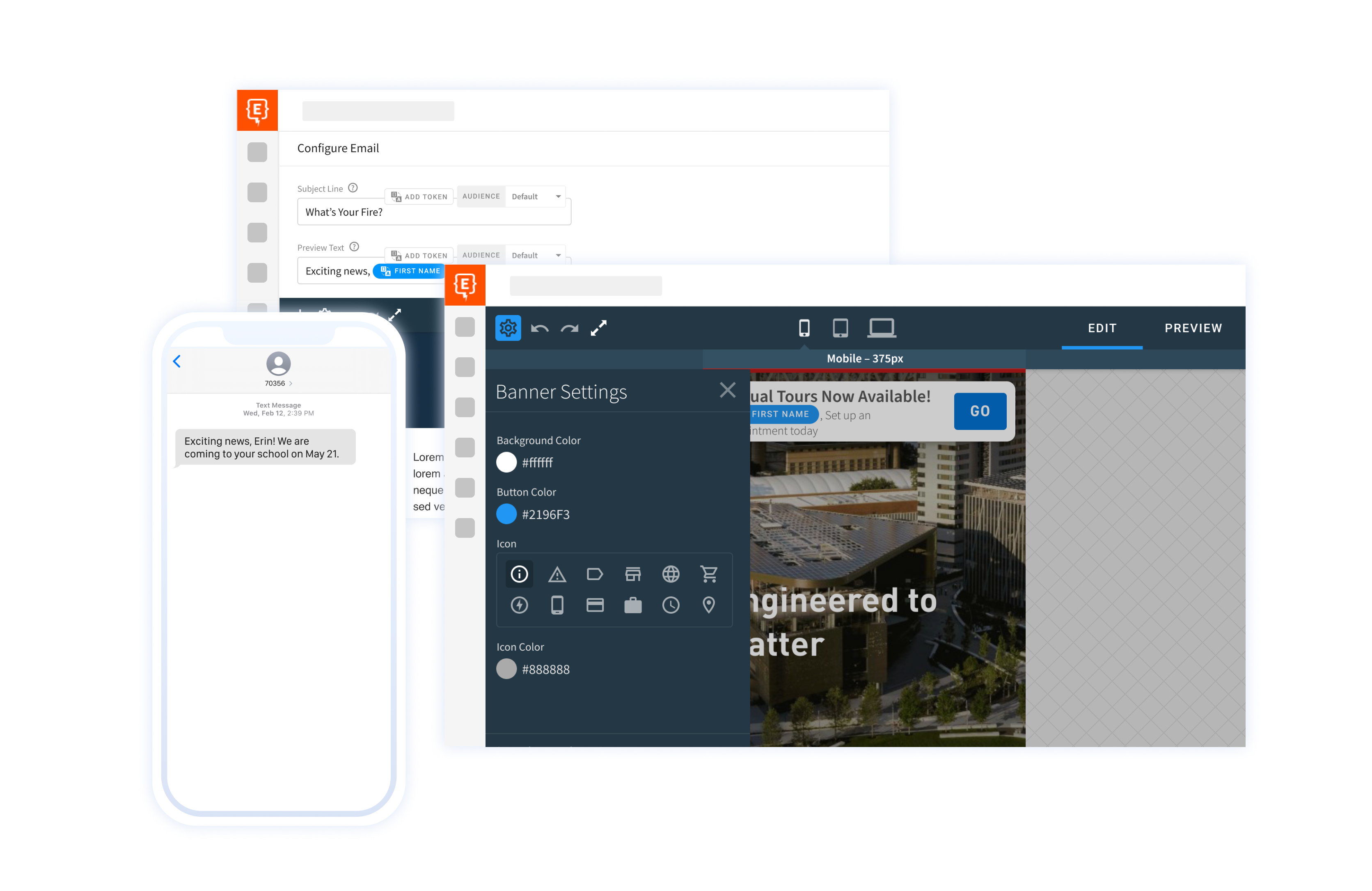 A screenshot of Element451 Email tool, landing page, and SMS text message sent to a student.