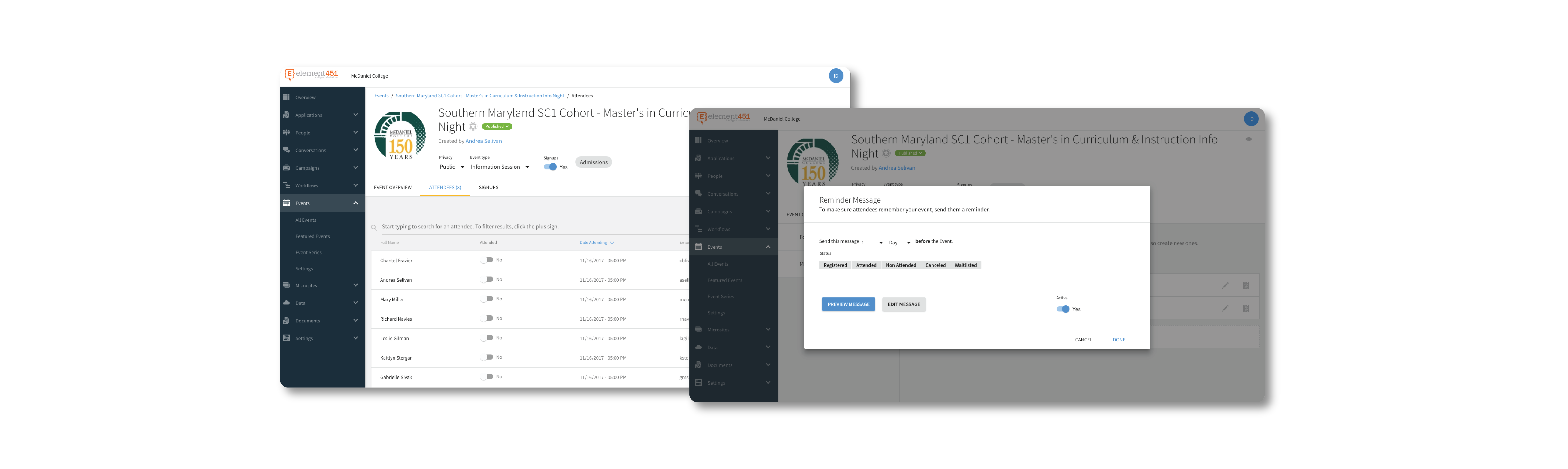 A screenshot of Element451’s event management module.