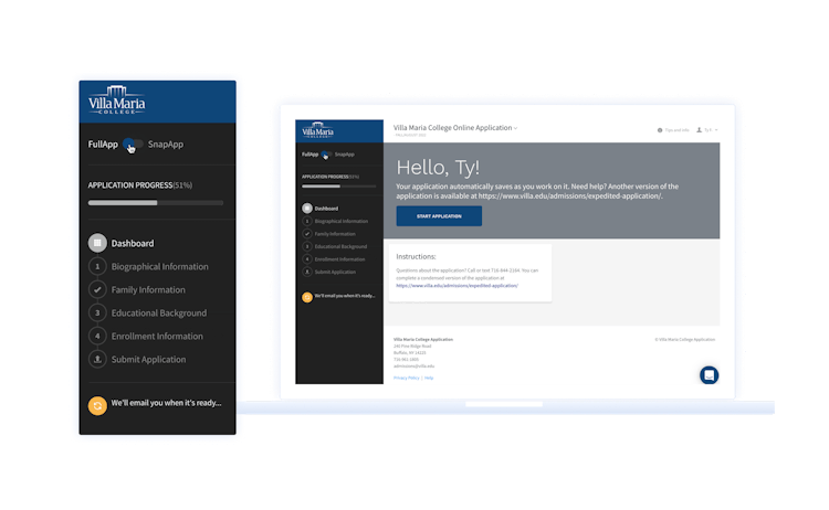 A screenshot of the SnapApp feature for students to apply more quickly online.