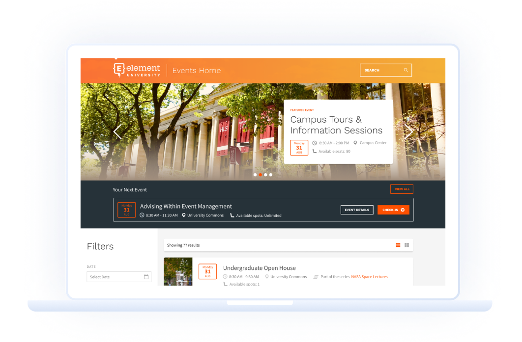 A web page screenshot of the events home page in the Element451 events portal functionality.