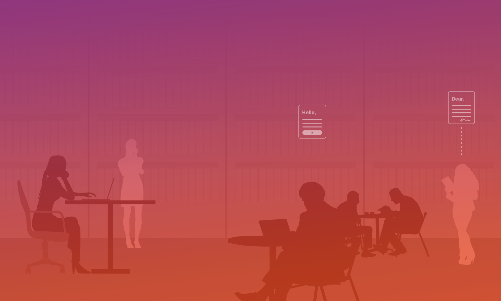 An illustration of people in a campus setting receiving message and working on digital devices