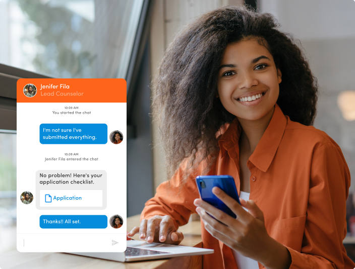 An image of a Black female student smiling, holding her phone and laptop. A chat pop-up box showing a conversation between a student and a staff member.