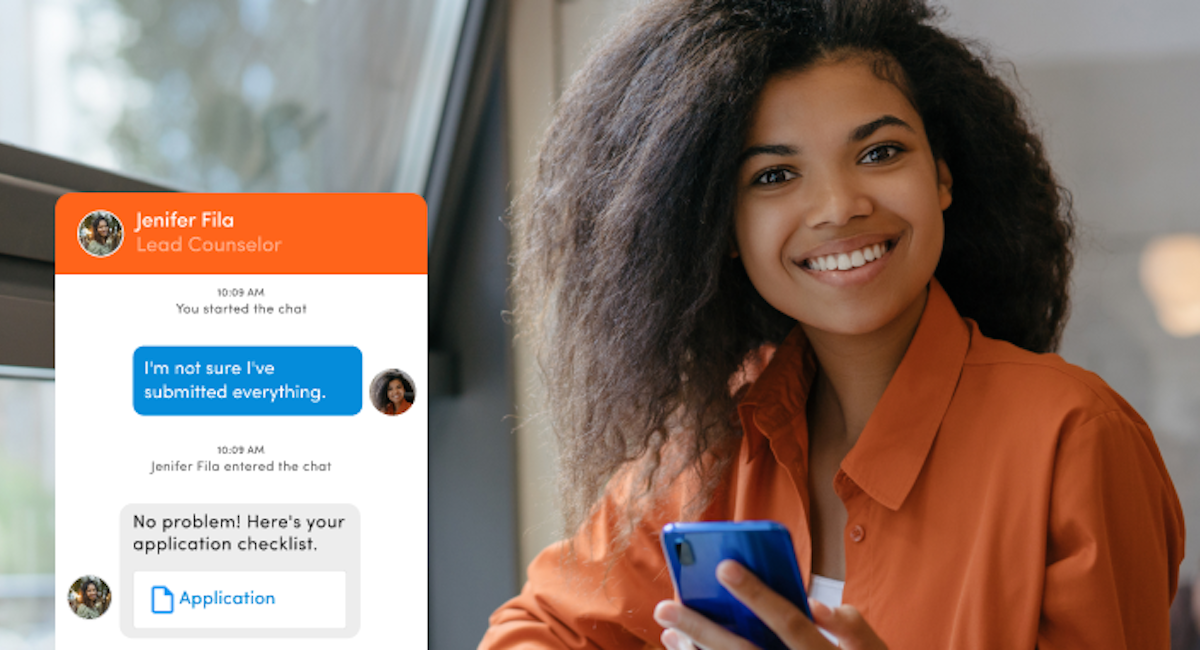 An image of a Black female student smiling, holding her phone and laptop. A chat pop-up box showing a conversation between a student and a staff member.