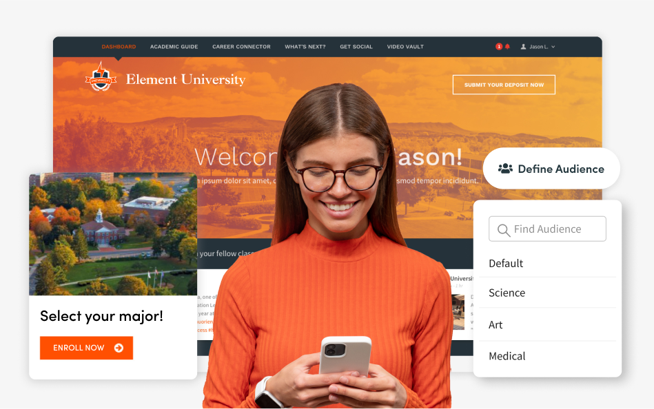 Element University Student in Orange Shirt using phone