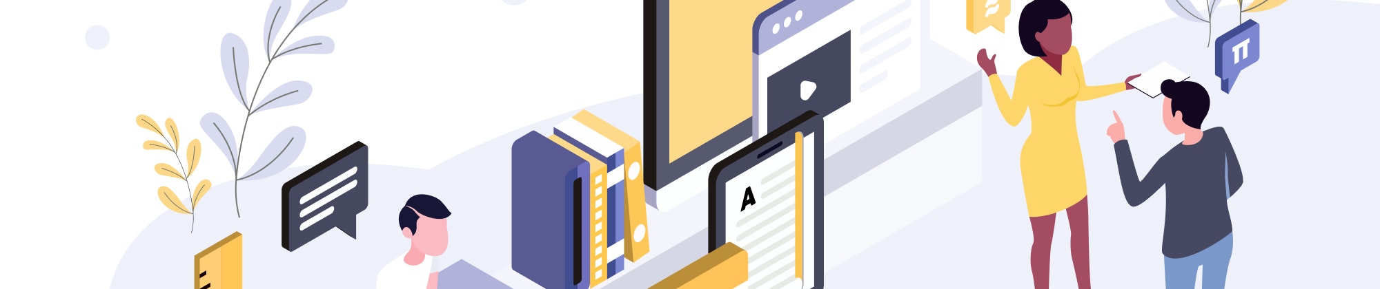 A fair-like display of CRMs with two people talking and a third working on a laptop.