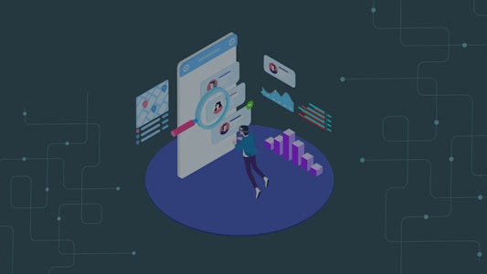 A person looking via a magnifier into user profiles and applicable analytics.