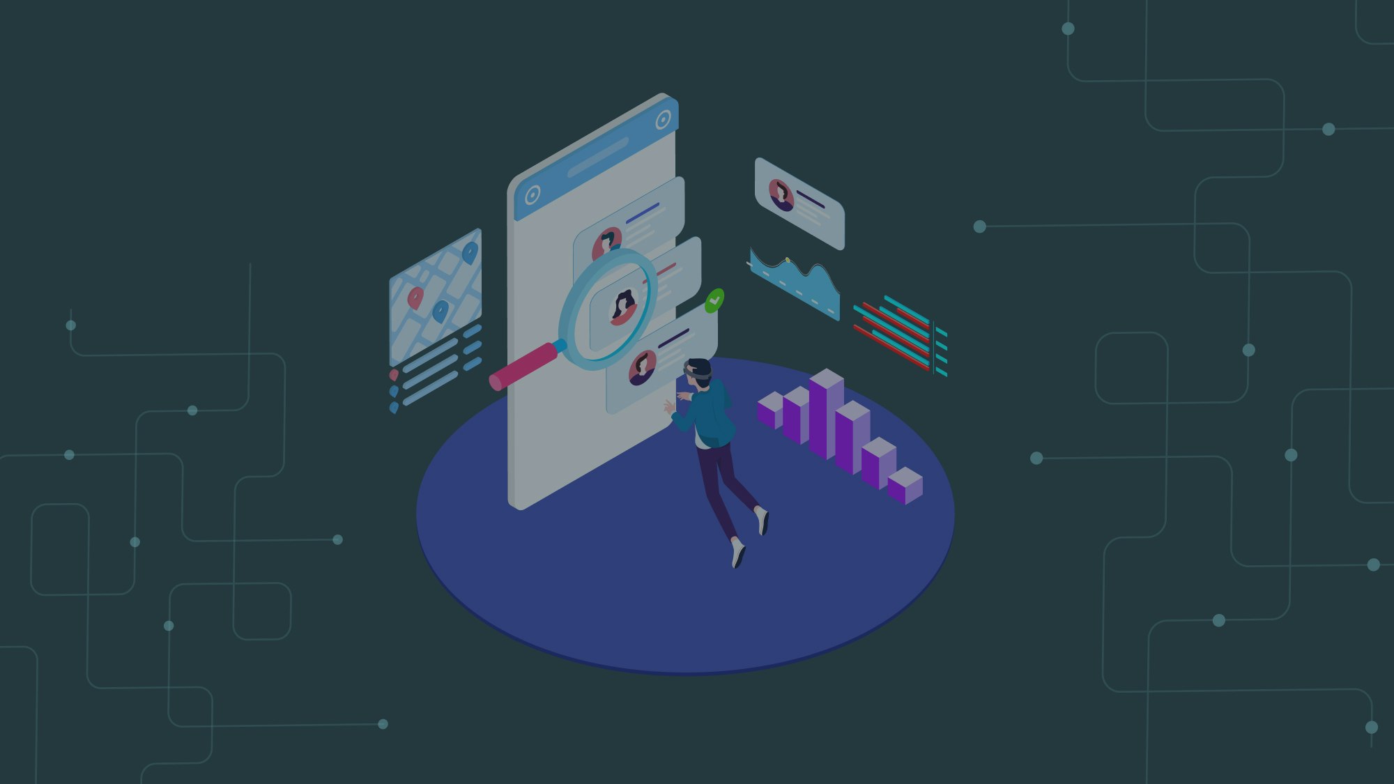 A person looking via a magnifier into user profiles and applicable analytics.