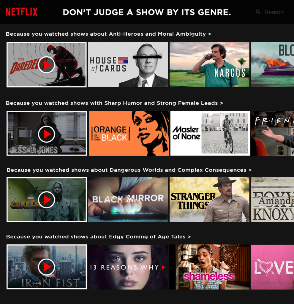A view of Netflix's recommendation screen