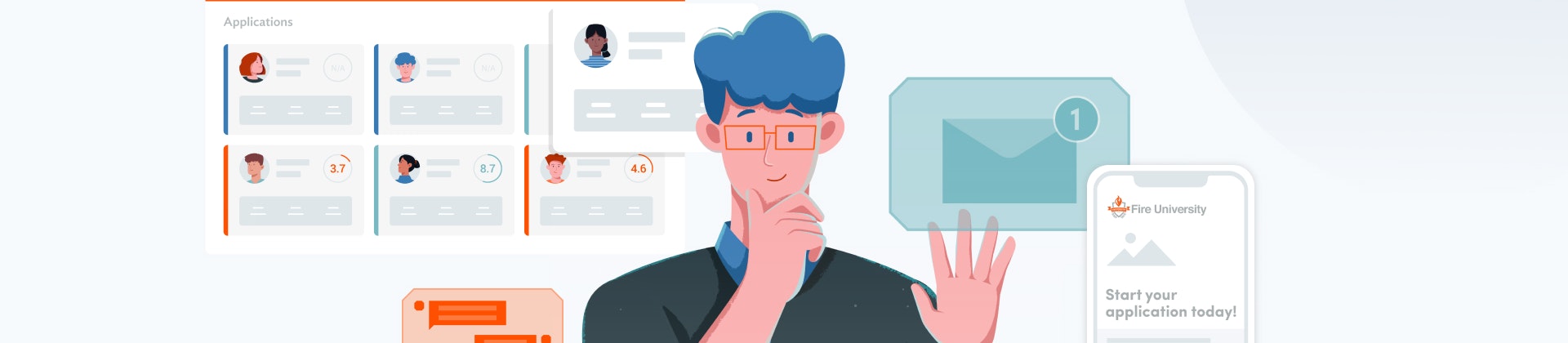 Person sitting at a computer with text, email, and chat bubbles and a CRM dashboard surrounding him.