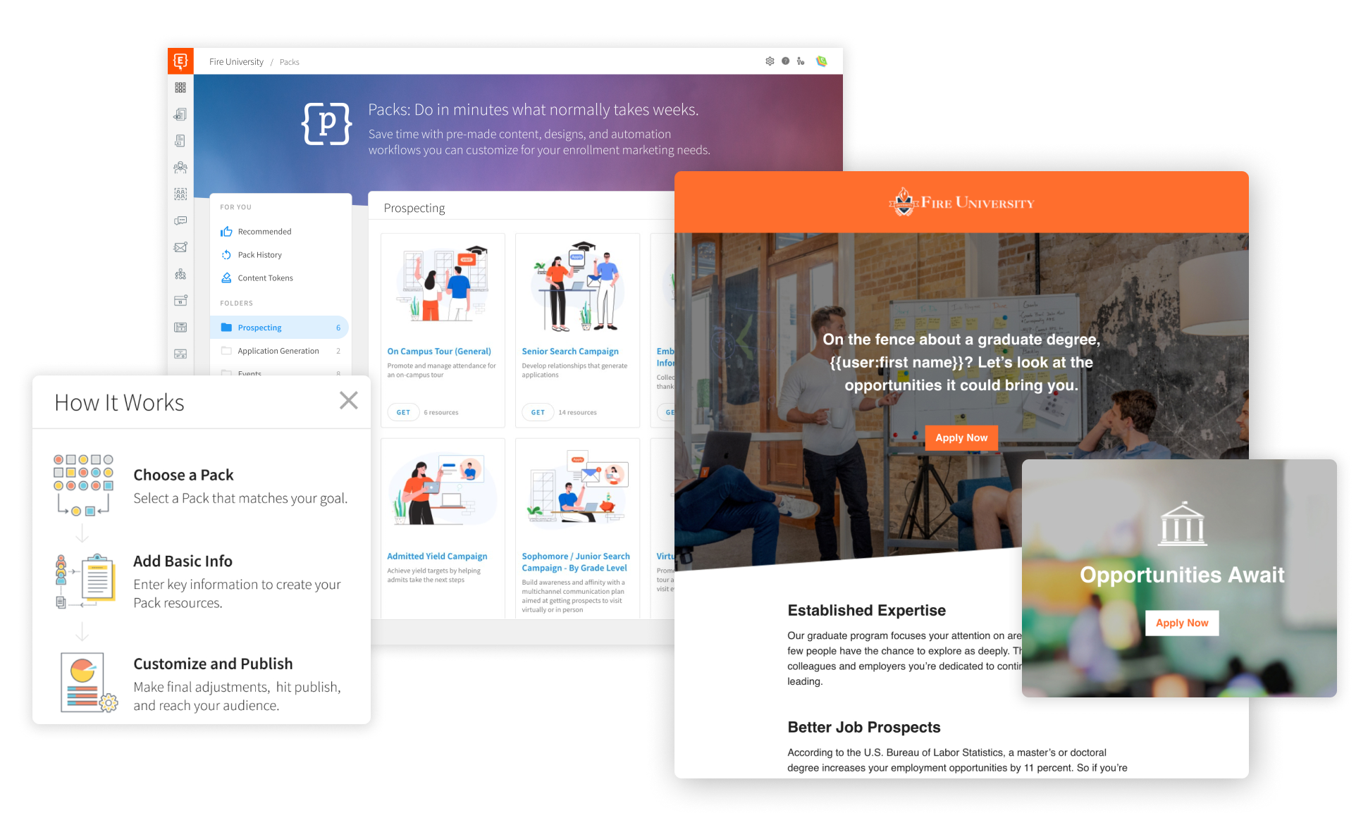 Screenshots of Packs backend and email campaign.