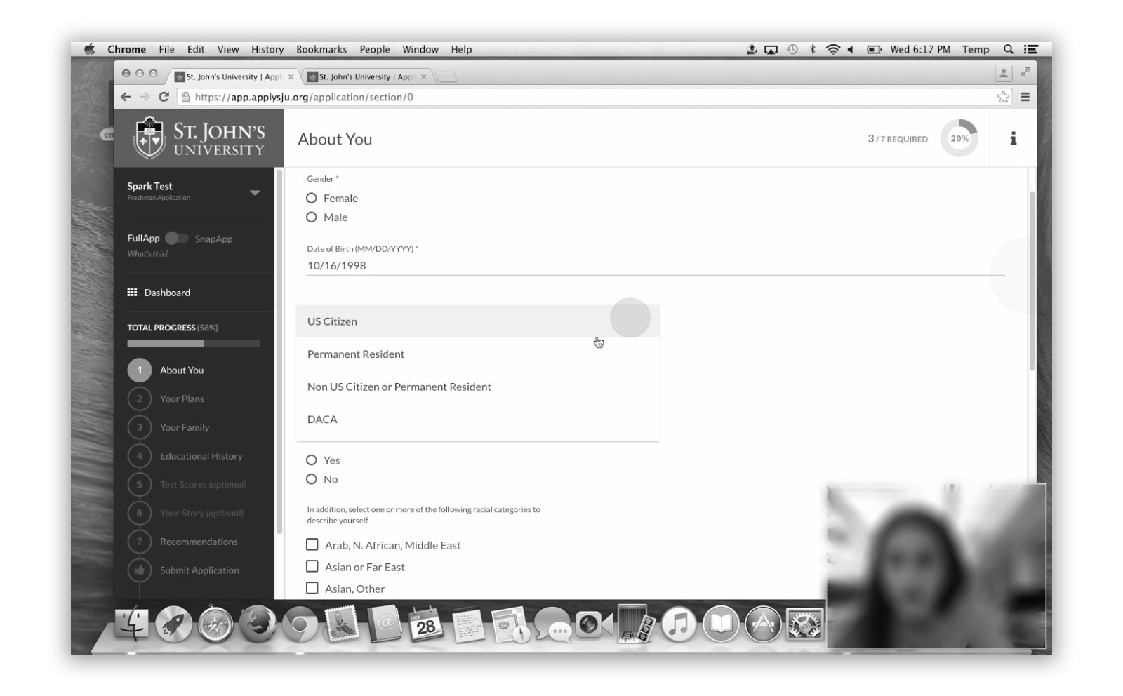 "About you" section asking biographical questions within an application for admission.