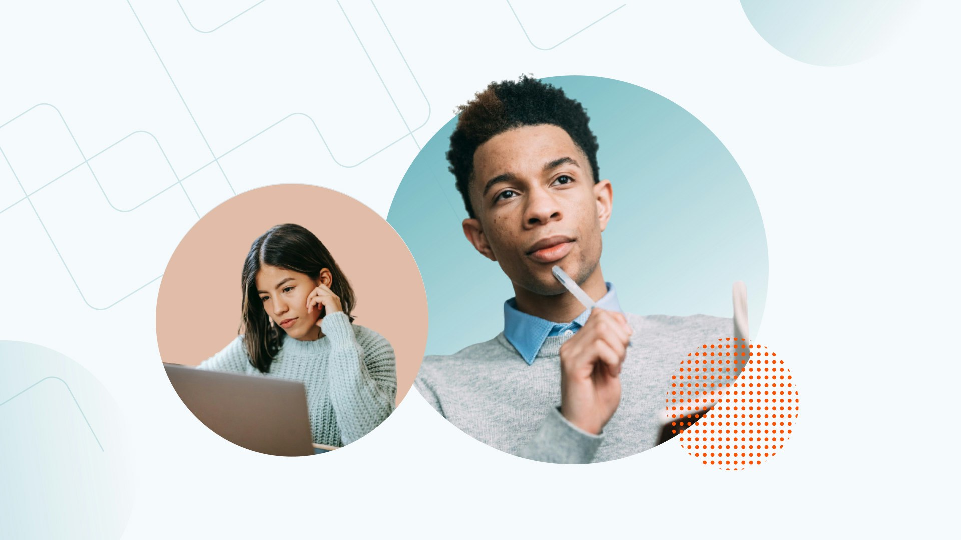 Image of a young man with a thoughtful expression and a young woman with a pensive look at a computer.