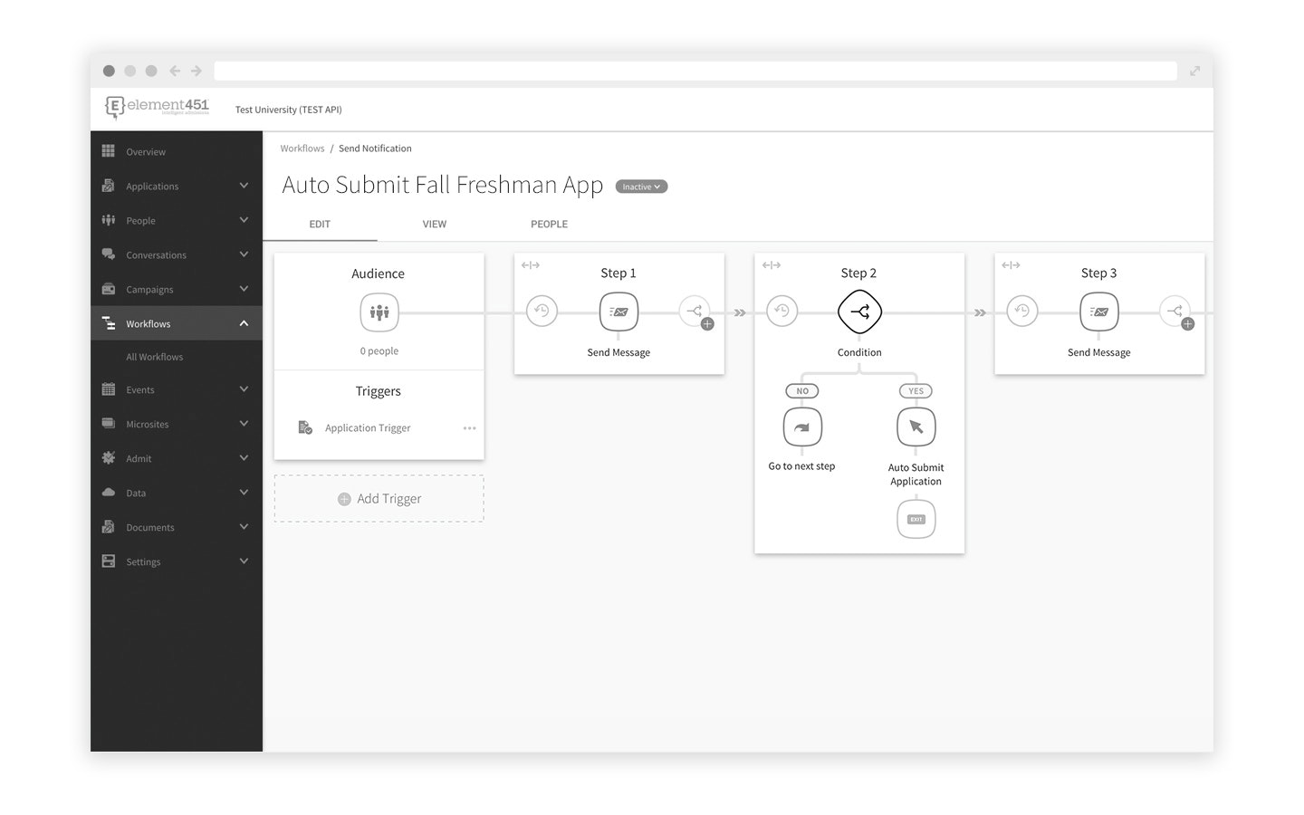 Graphical user interface of a workflow in Element451 that auto submits applications