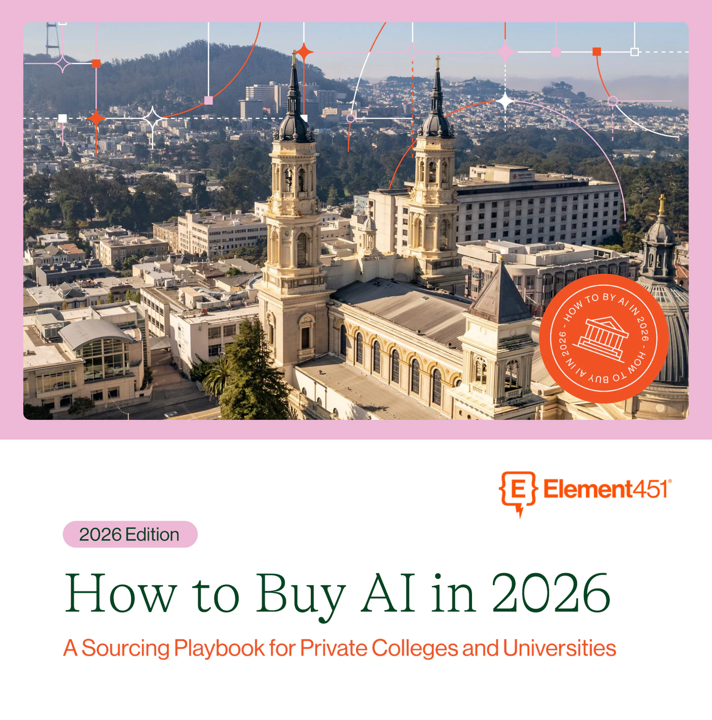 Cover of How to Buy AI in 2026: A Sourcing Playbook for Private Colleges and Universities, showing an aerial view of a historic campus with twin bell towers.
