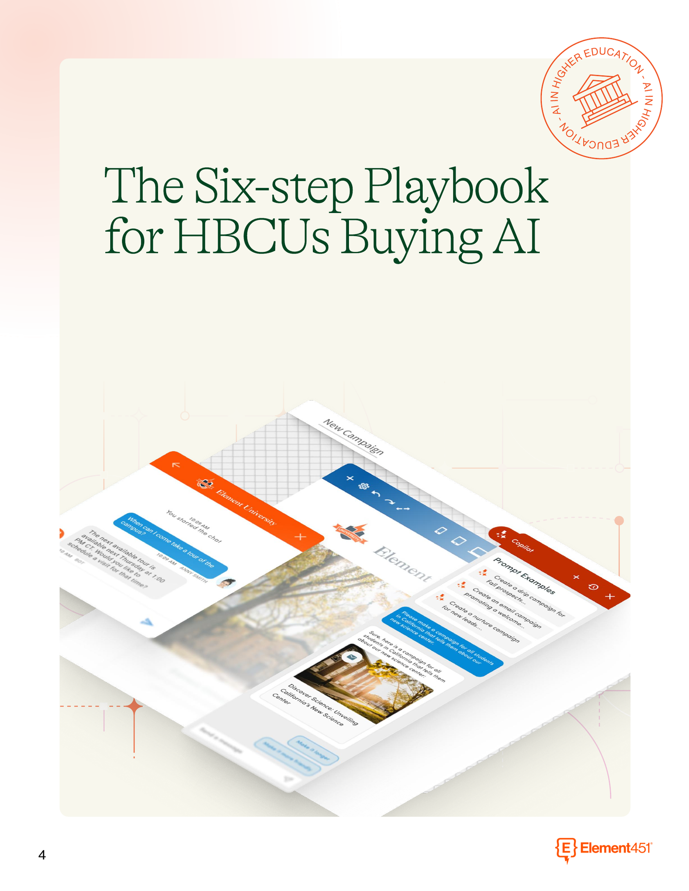 Guide page titled The Six-step Playbook for HBCUs Buying AI, with product screens showing chat, campaign, and Copilot views.