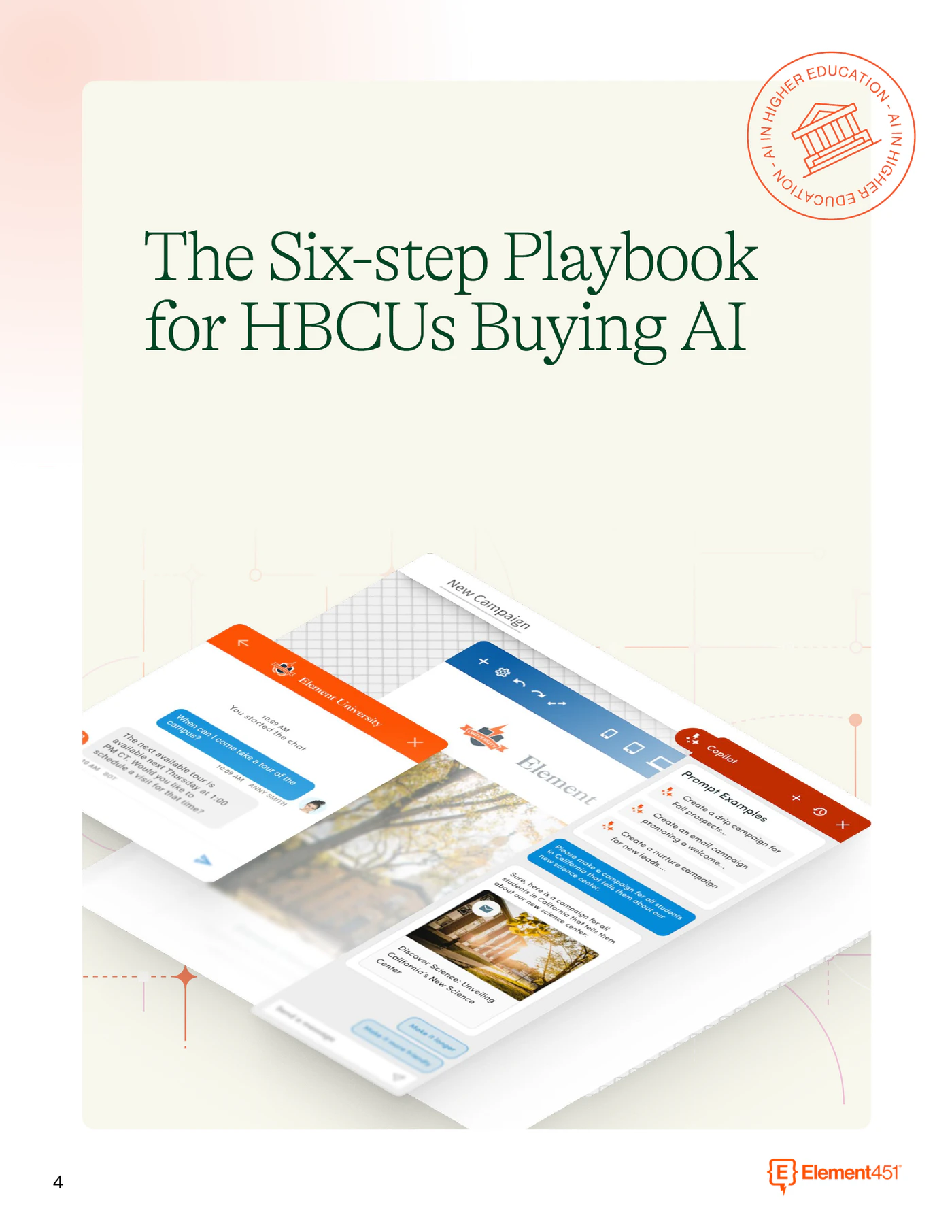 Guide page titled The Six-step Playbook for HBCUs Buying AI, with product screens showing chat, campaign, and Copilot views.