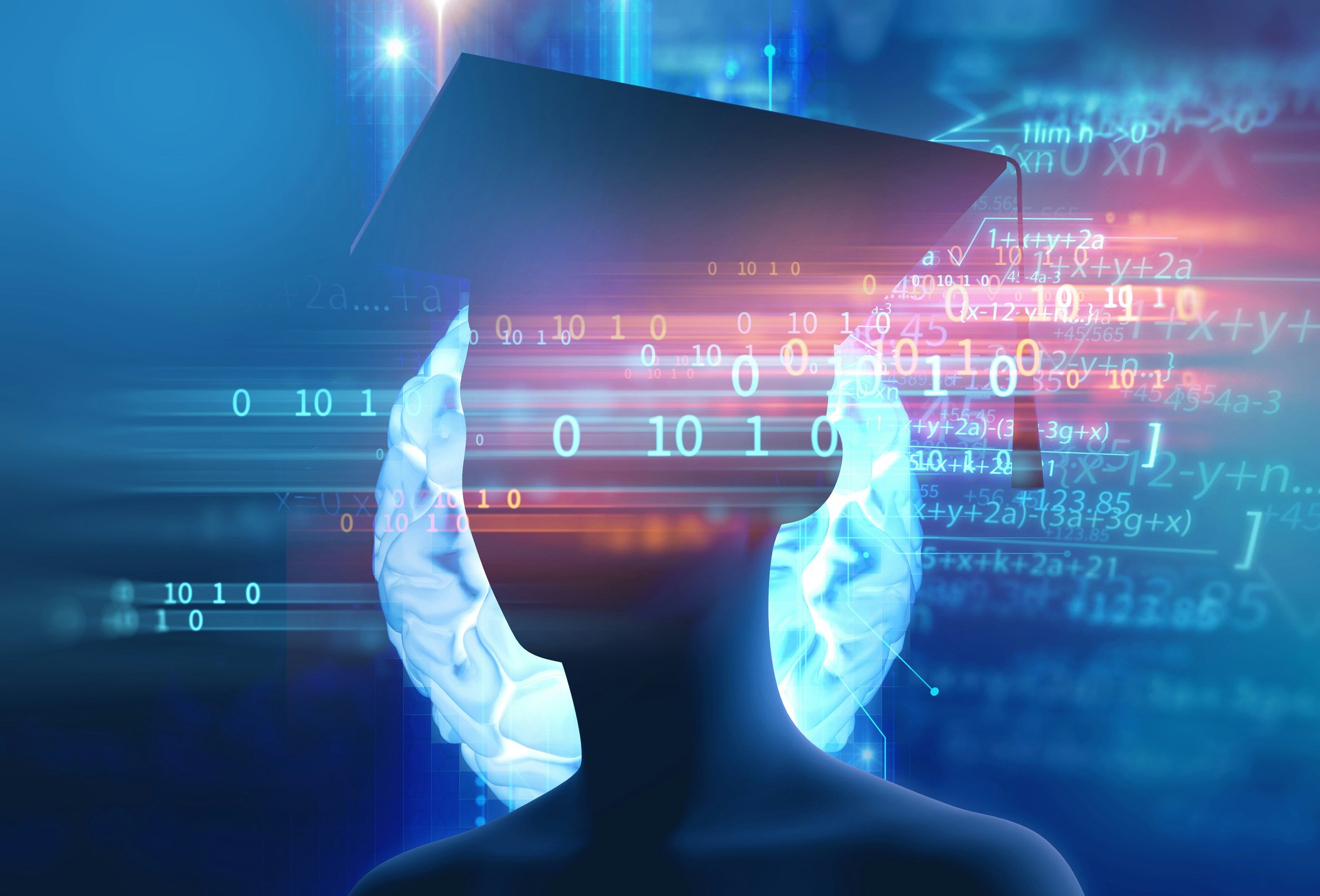 This image features a digital silhouette of a human head wearing a graduation cap, symbolizing education.