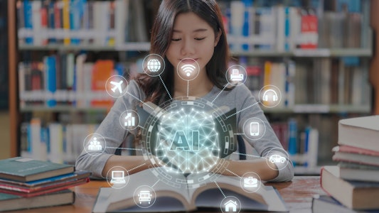 College Student sitting at a table in the library looking at a book with AI icons over top of the book.