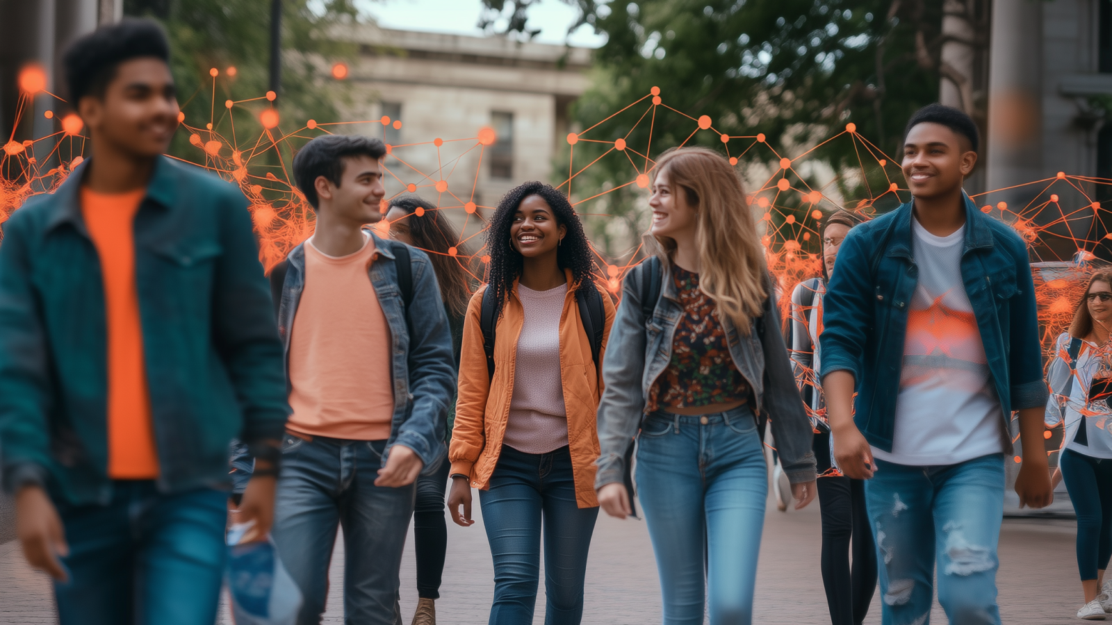 Group of College Students Walking Toward the Camera chatting with one another.
