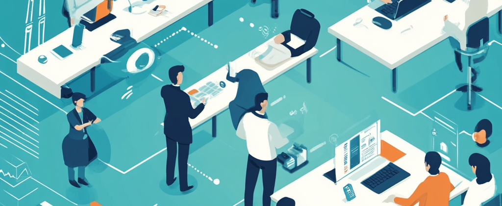 An illustration of humans and AI agents working together in an office setting