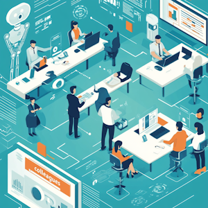 An illustration of humans and AI agents working together in an office setting