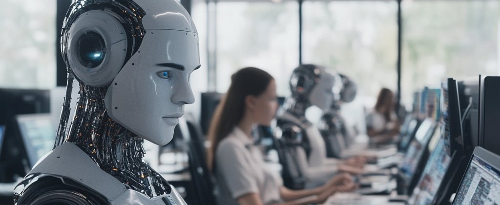 Robots and humans working on computers in an office