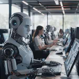 Robots and humans working on computers in an office