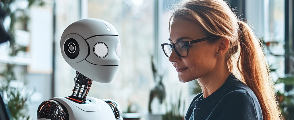 Woman working in an office with a robot assistant