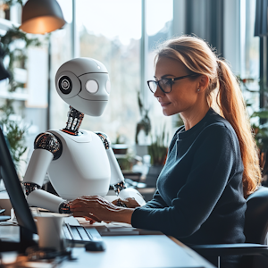 Woman working in an office with a robot assistant