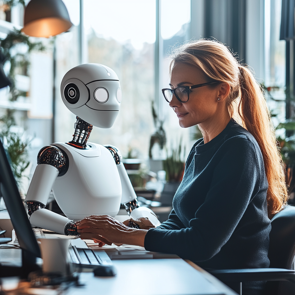 Woman working in an office with a robot assistant