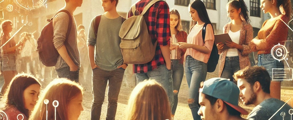 A warm and engaging image of a small group of diverse college students of different ages collaborating outdoors on campus.