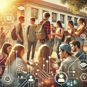 A warm and engaging image of a small group of diverse college students of different ages collaborating outdoors on campus.