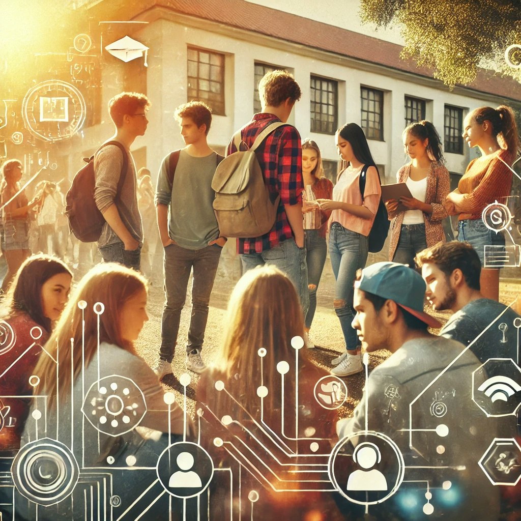 A warm and engaging image of a small group of diverse college students of different ages collaborating outdoors on campus.