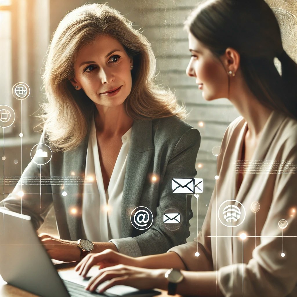 Two women in an office setting engaged in a discussion