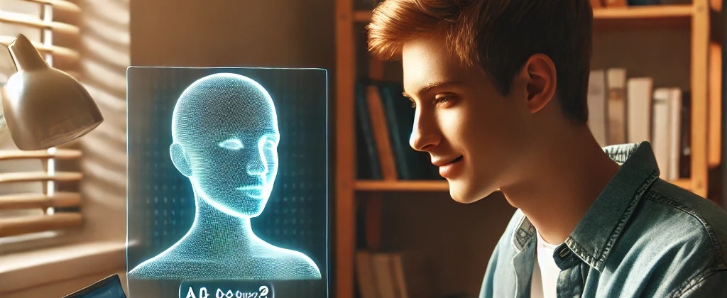 a college student studying at a desk in a dorm room with help from an AI assistant