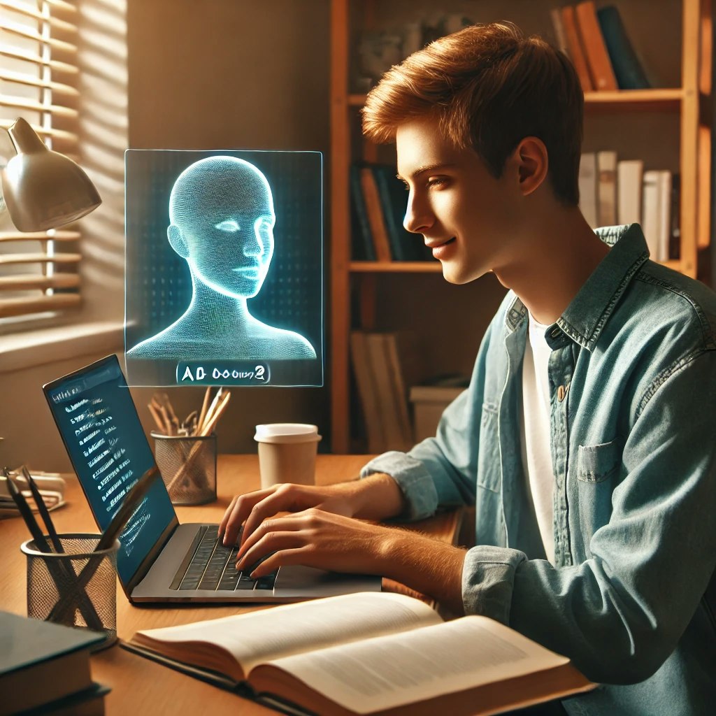 a college student studying at a desk in a dorm room with help from an AI assistant