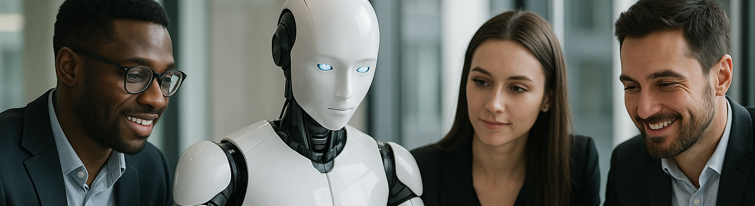 A humanoid robot sits at a table with three professionally dressed colleagues—two men and one woman—engaged in a collaborative meeting.