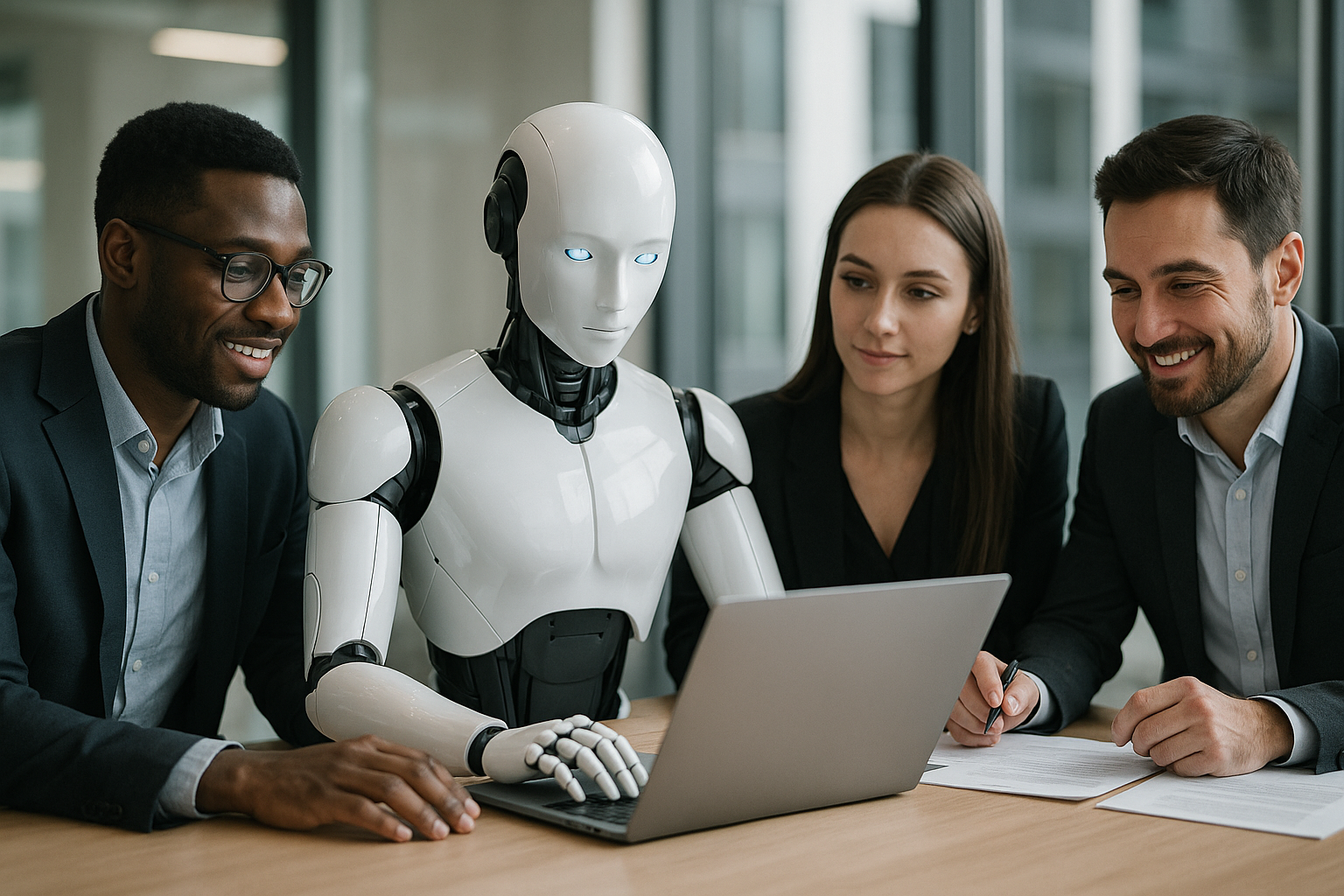 A humanoid robot sits at a table with three professionally dressed colleagues—two men and one woman—engaged in a collaborative meeting.
