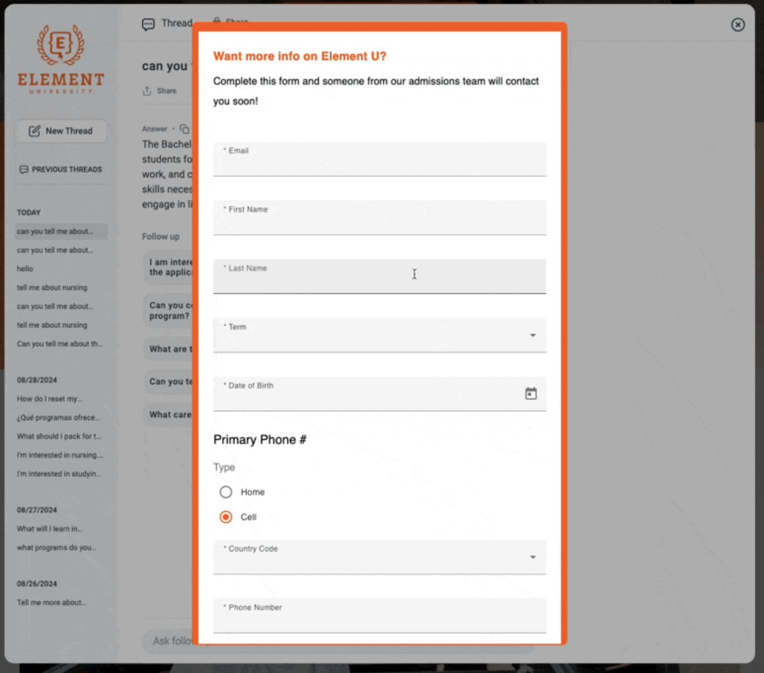 an example of a form built within Element451's generative AI search Discovery tool