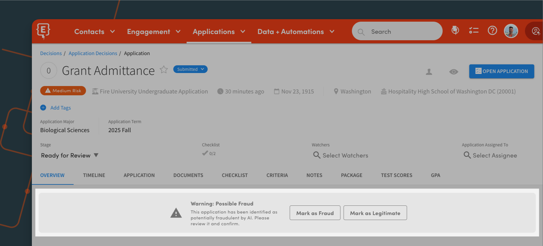 Element451 Platform Showing Fraudulent Application Detection