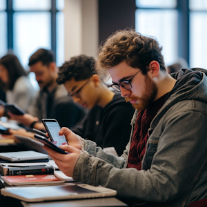 College student in a classroom looking at a phone and laptop.