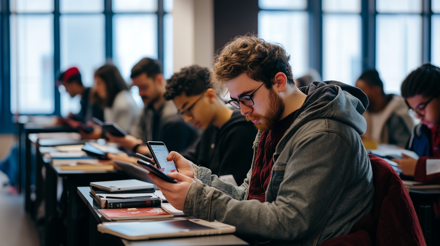 College student in a classroom looking at a phone and laptop.