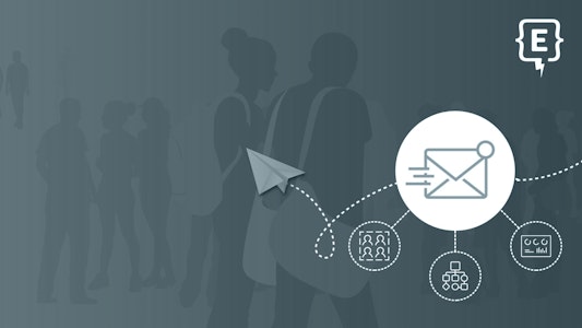 A picture containing students in the background and an image of emails being sent via Element451