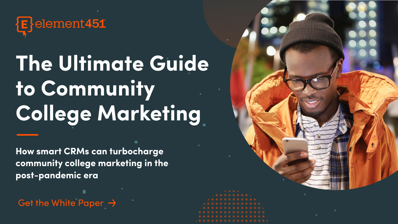 A title card that says The Ultimate Guide to Community College Marketing with an image of a Black student on a smartphone
