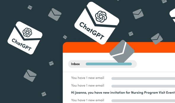 Graphic of an email inbox with envelopes labeled ChatGPT.